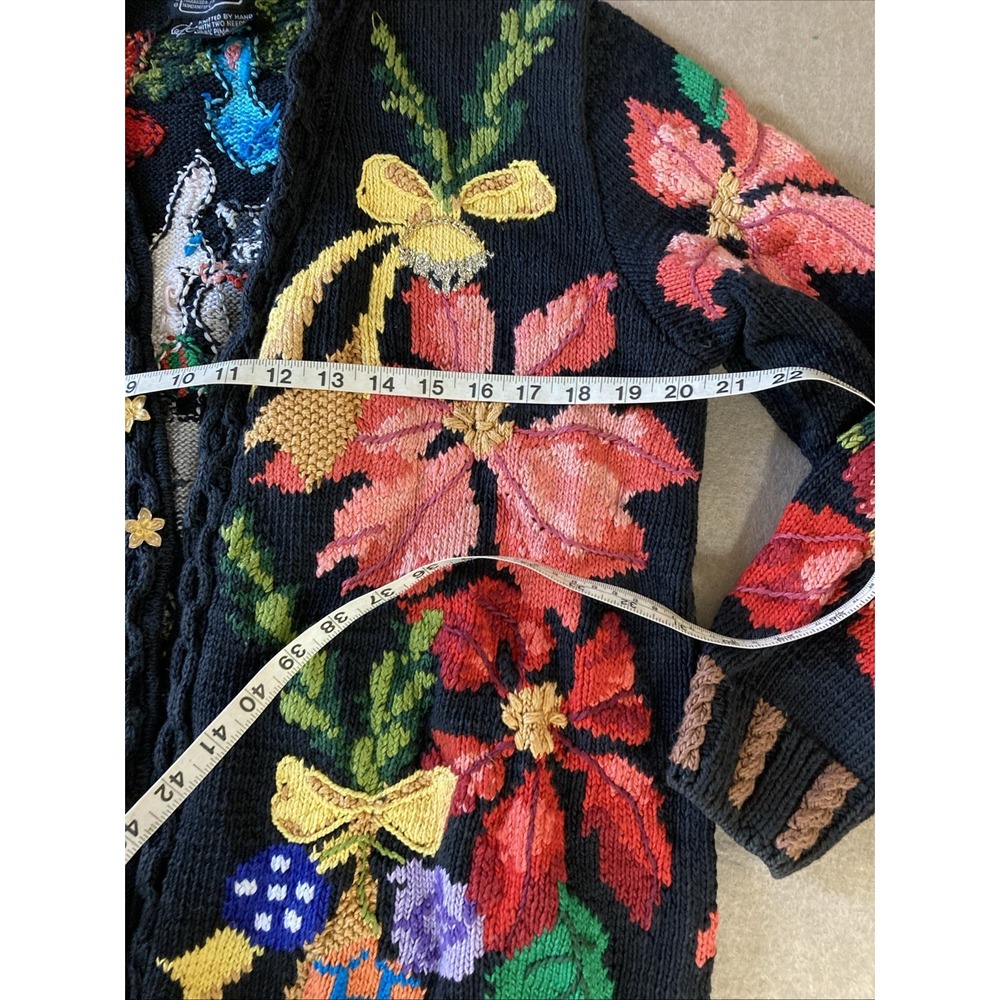 VTG Berek Marta D Hand-Knit Christmas Cardigan Reindeer Sweater Poinsettias Bla - Picture 7 of 9